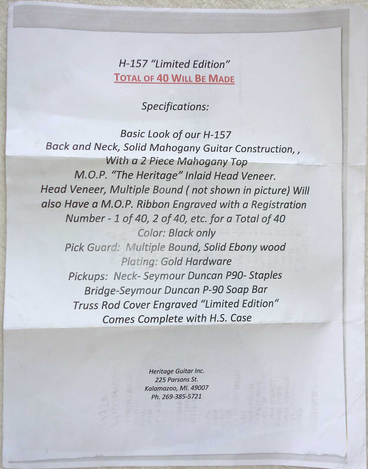 2015 Heritage H-157 "Limited Edition" 1954 Les Paul Custom