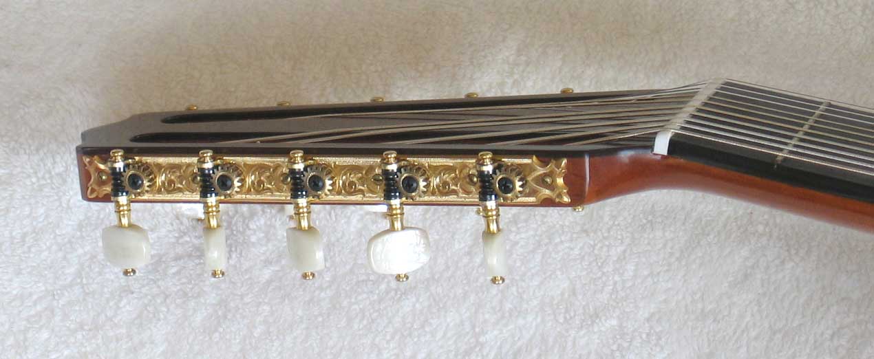 2004 Lucio Nunez 10-String Classical Harp Guitar Headstock Rubner Tuners