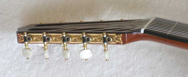2004 Lucio Nunez 10-String Classical Harp Guitar Headstock Rubner Tuners