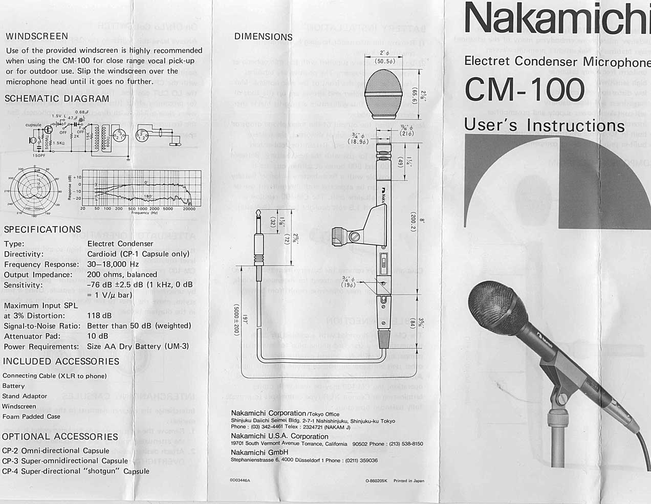 Vintage 1980s Nakamichi CM100 Cardioid Condenser Mic Pair w/CP-1 Cardiod Capsules