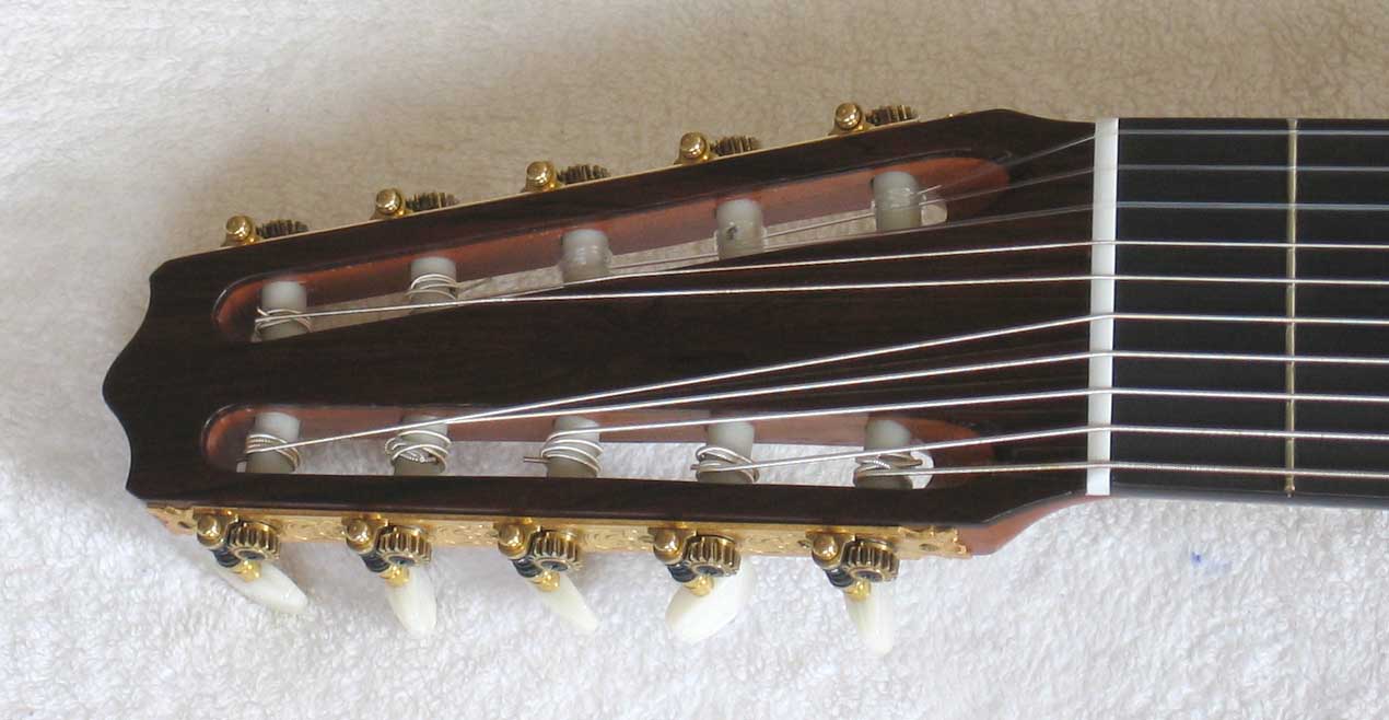 2004 Lucio Nunez 10-String Classical Harp Guitar Headstock