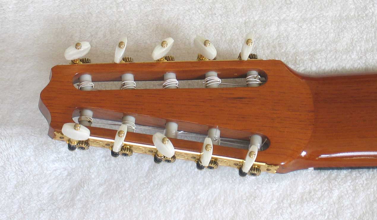 2004 Lucio Nunez 10-String Classical Harp Guitar Headstock Rubner Tuners