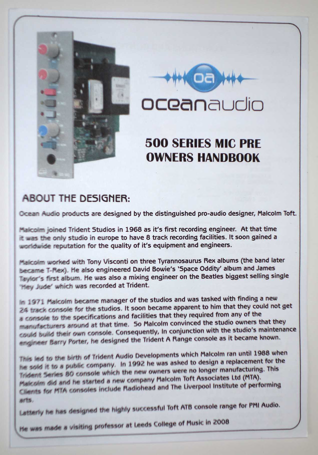 Ocean Audio Preamp 500 Handbook [Designed by Malcolm Toft]