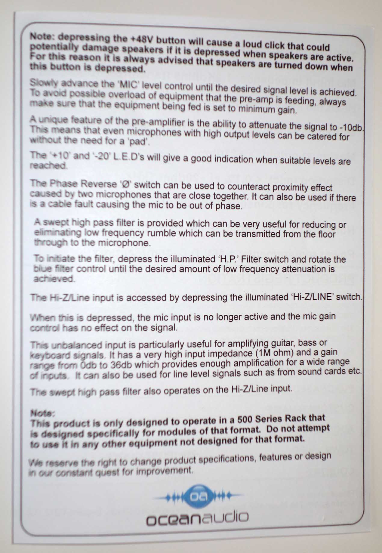 Ocean Audio Preamp 500 Handbook [Designed by Malcolm Toft]