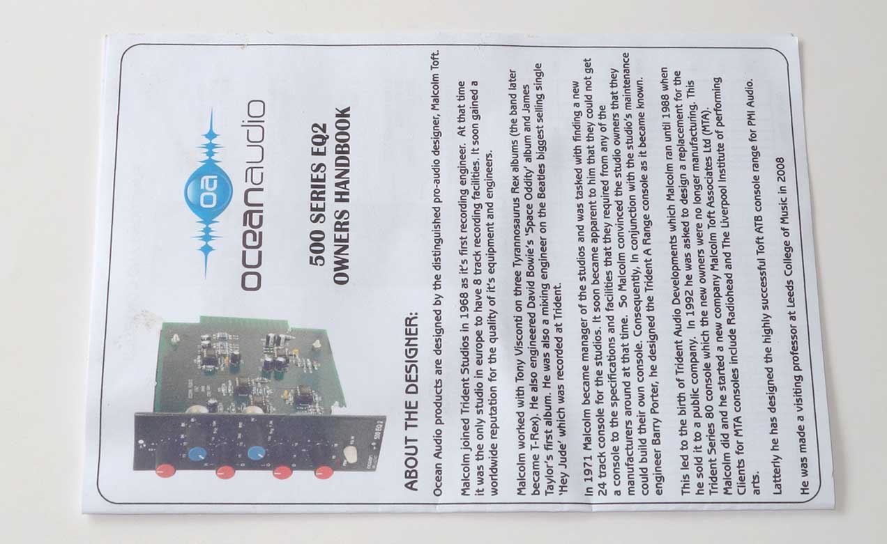Ocean Audio EQ-2 Equalizer Module by Malcolm Toft for API 500-Series Racks, API 1608 Console