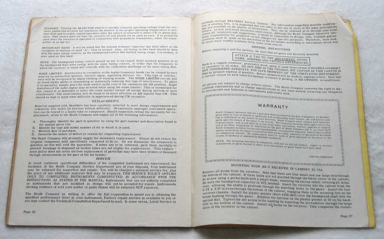 VINTAGE Heathkit AR-3 Manual for AR-3 HAM / Shortwave / Analog Tube AM Radio Receiver