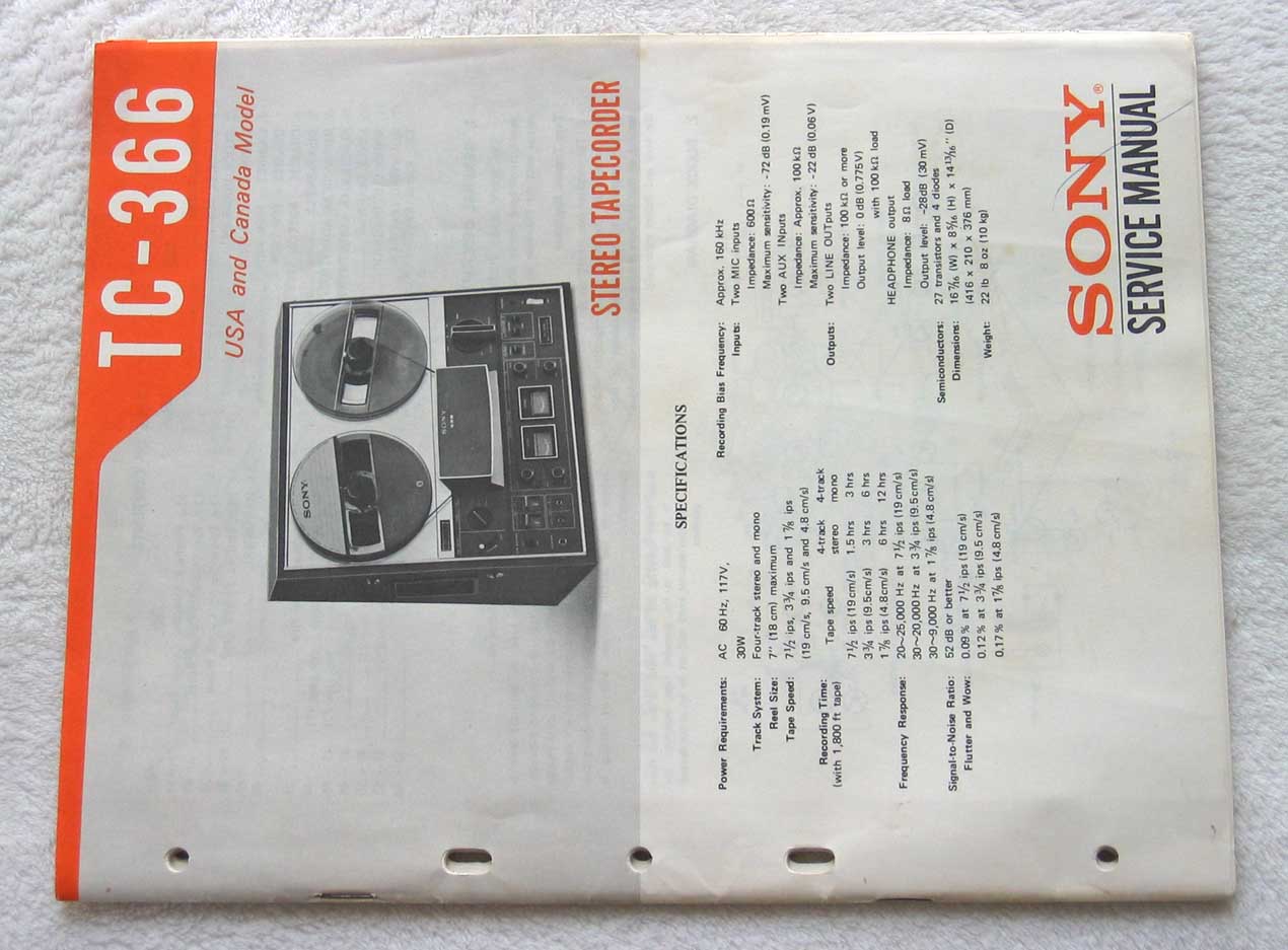 SONY TC-366  Reel-To-Reel Analog Tape Deck Service Maunal